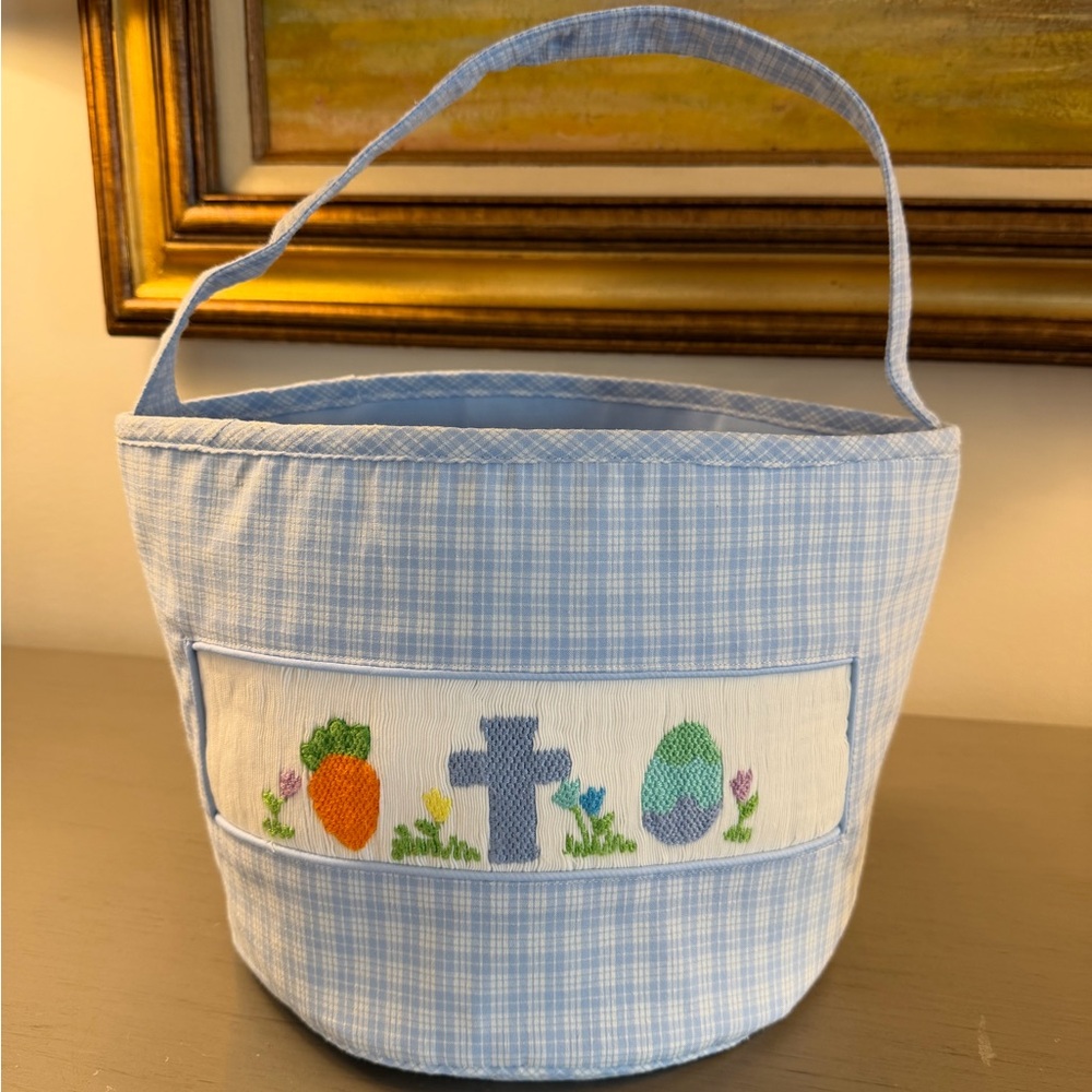 Babeeni Smocked Cloth Easter Basket Blue Gingham Boys Cross Egg Flowers Holiday
